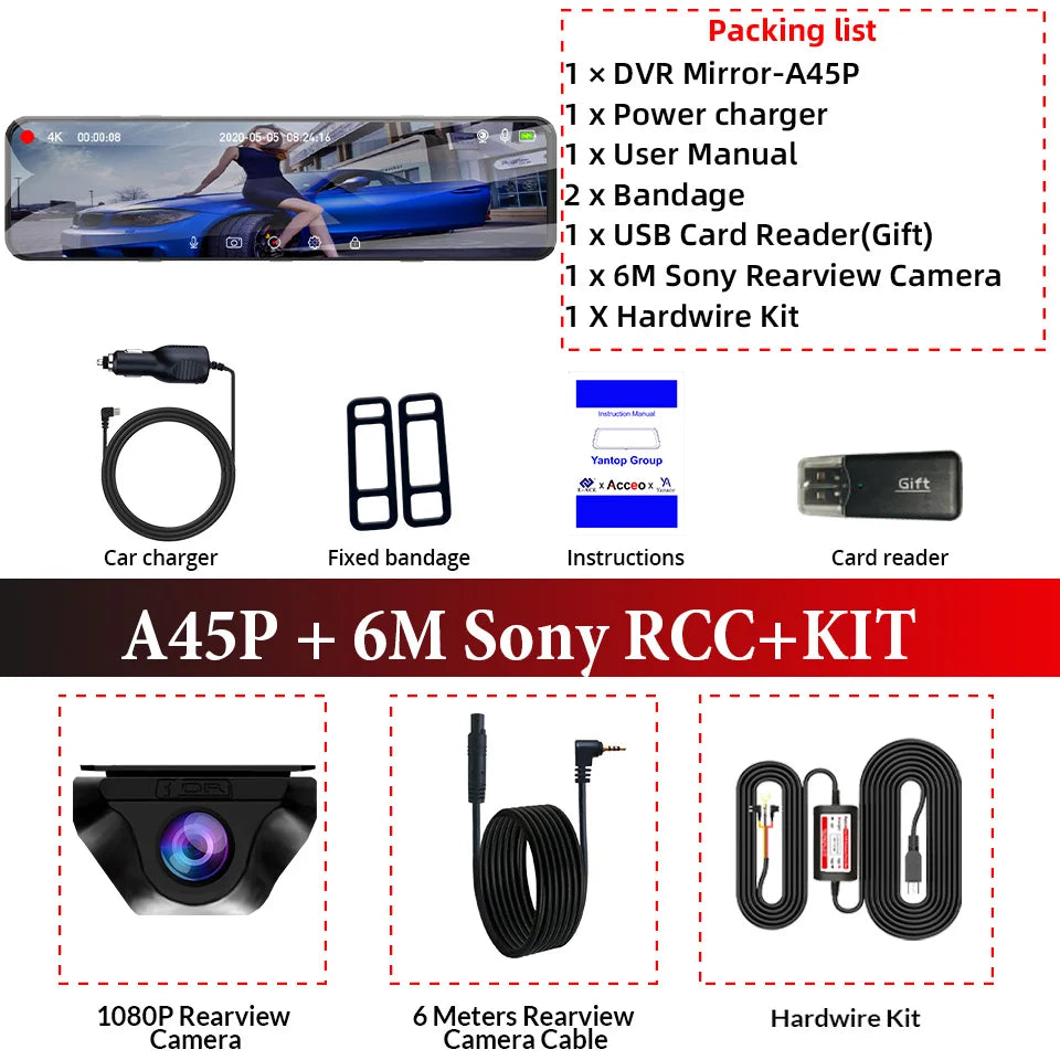 4K WIFI Dashcam 12Inch Car DVR Rearview Mirror Recorder Dash Cam Support 1080P Sony Black Box Rear View Camera Acesssories