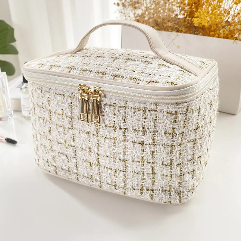 Geantă Cosmetice Korean Plaid — Capacitate Mare, Portabilă, Travel Makeup Bag