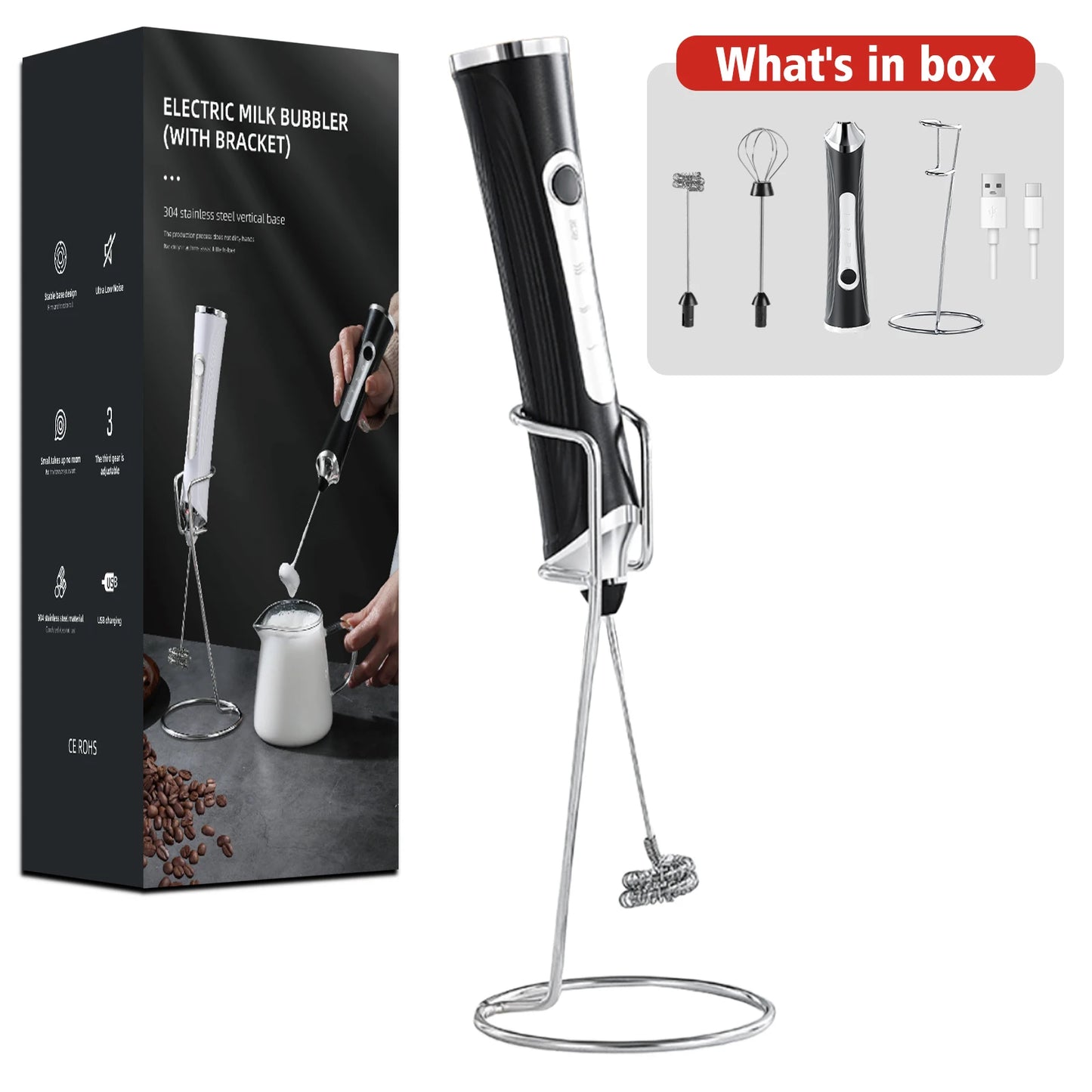 Spumant Lapte Electric Reîncărcabil — 3 Viteze, Stand Inclus, Cappuccino & Matcha