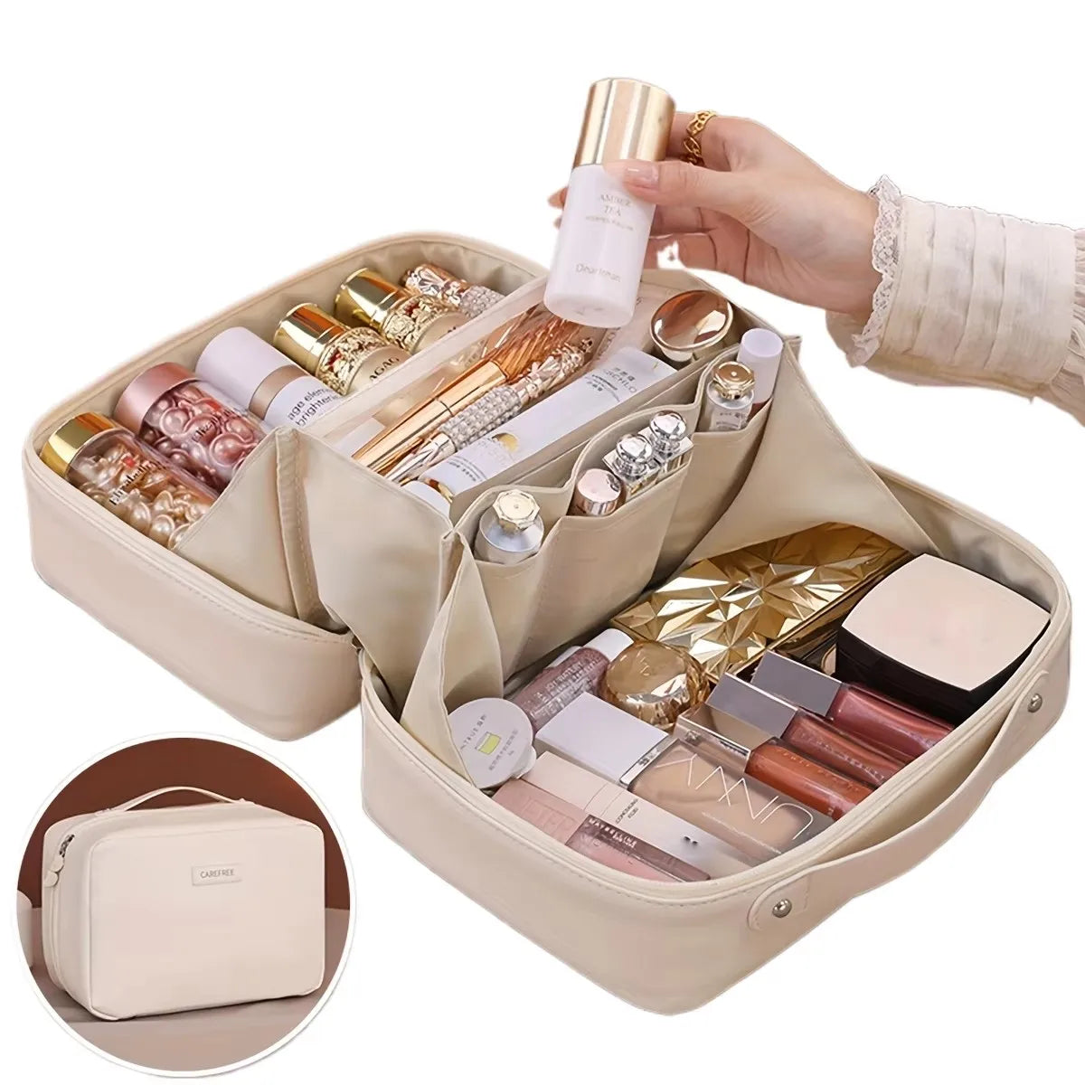 Geantă Cosmetice Dublu Fermoar PU — Organizator Pensule, Travel Beauty Bag