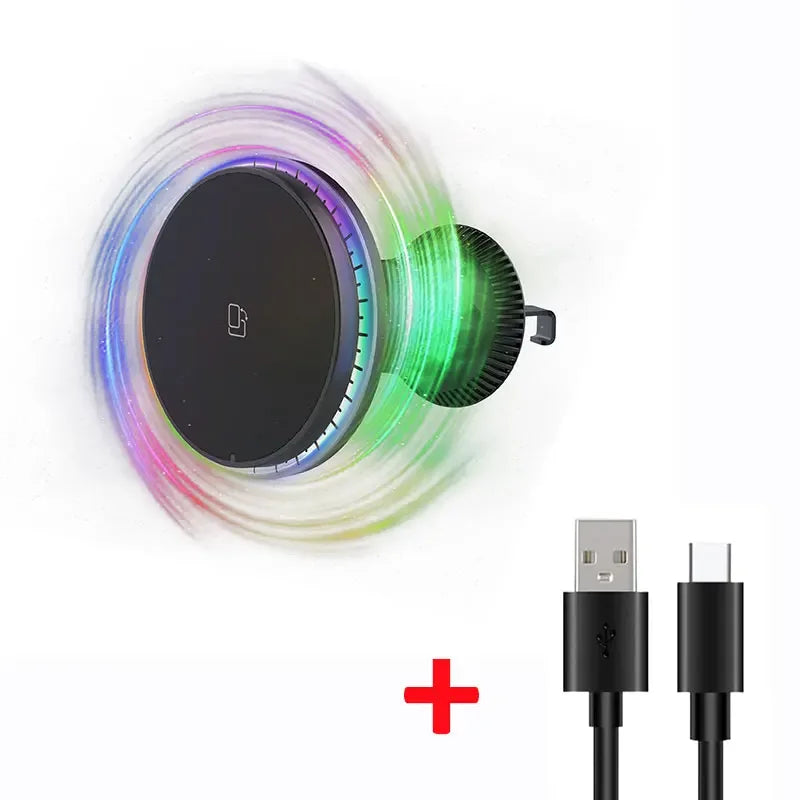 Încărcător Auto Wireless Magnetic RGB 15W — MagSafe & Suport Telefon
