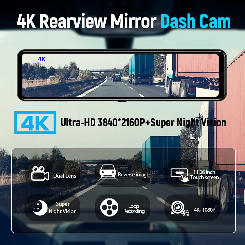 4K WIFI Dashcam 12Inch Car DVR Rearview Mirror Recorder Dash Cam Support 1080P Sony Black Box Rear View Camera Acesssories