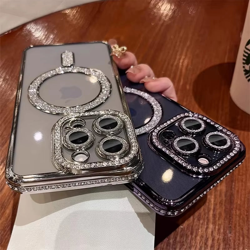 New Fashion Glitter Diamond Transparent Case for Iphone 16 15 14 13 17 12 Pro Max 16 plus Magnetic Wireless Charge Bumper Cover