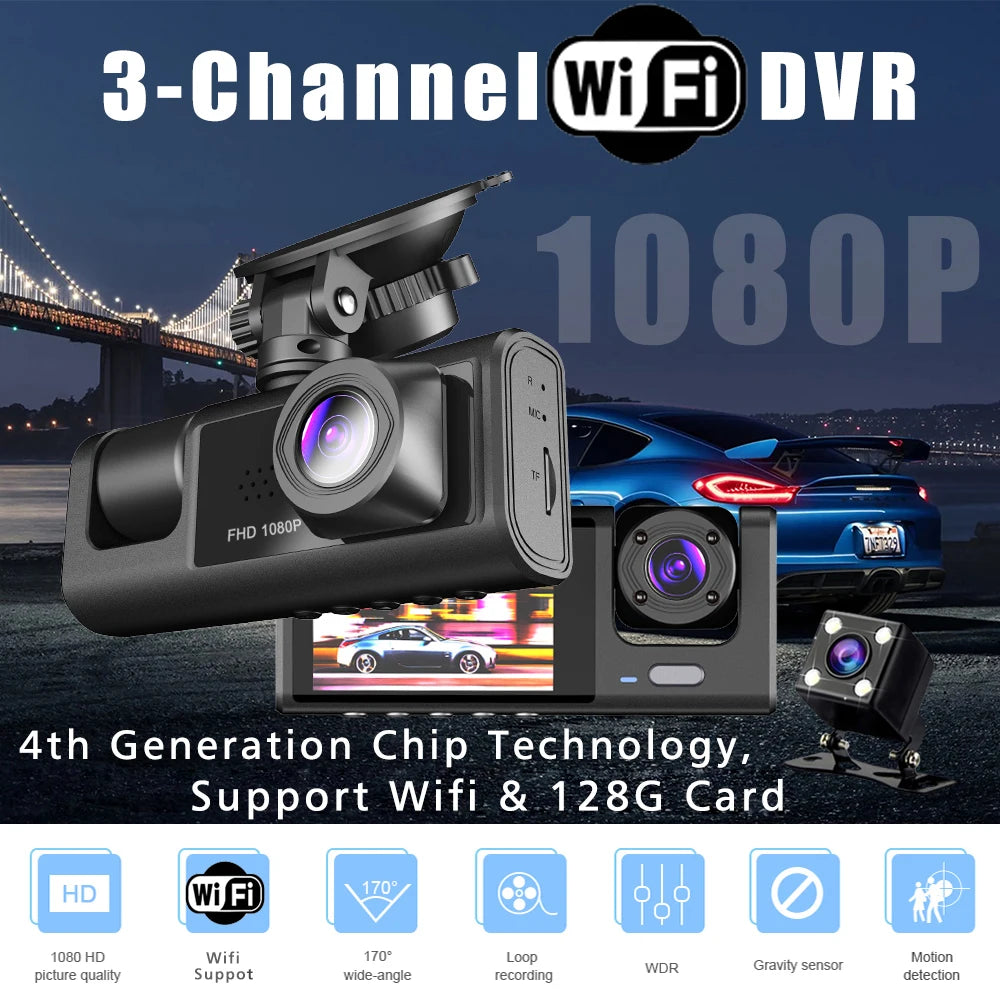 Wifi 3 Channel Car DVR Three Way Dash Cam inside Vehicle Camera Dvrs Recorder FHD 1080P Video Mini Registrator Dashcam Camcorder
