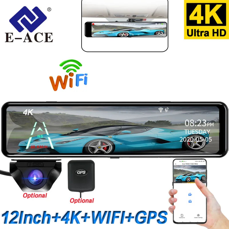 4K WIFI Dashcam 12Inch Car DVR Rearview Mirror Recorder Dash Cam Support 1080P Sony Black Box Rear View Camera Acesssories
