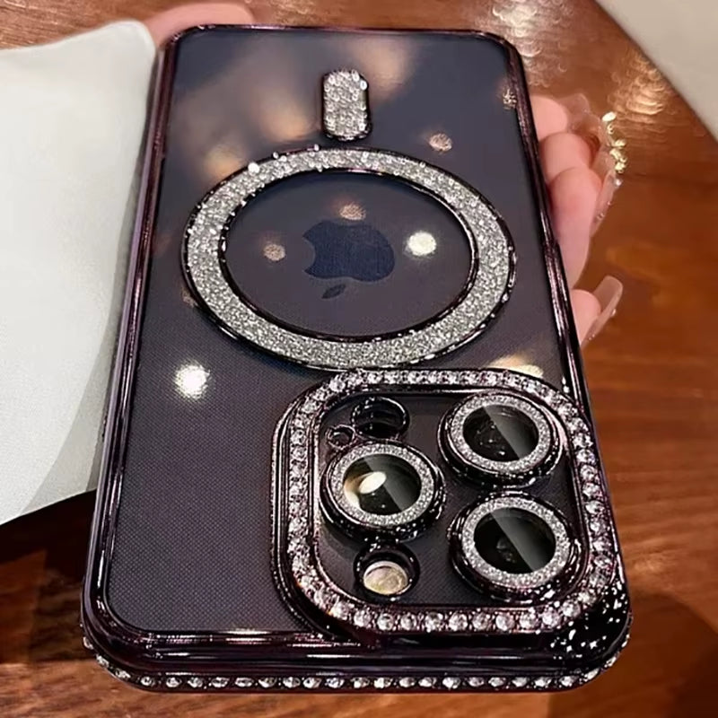 New Fashion Glitter Diamond Transparent Case for Iphone 16 15 14 13 17 12 Pro Max 16 plus Magnetic Wireless Charge Bumper Cover