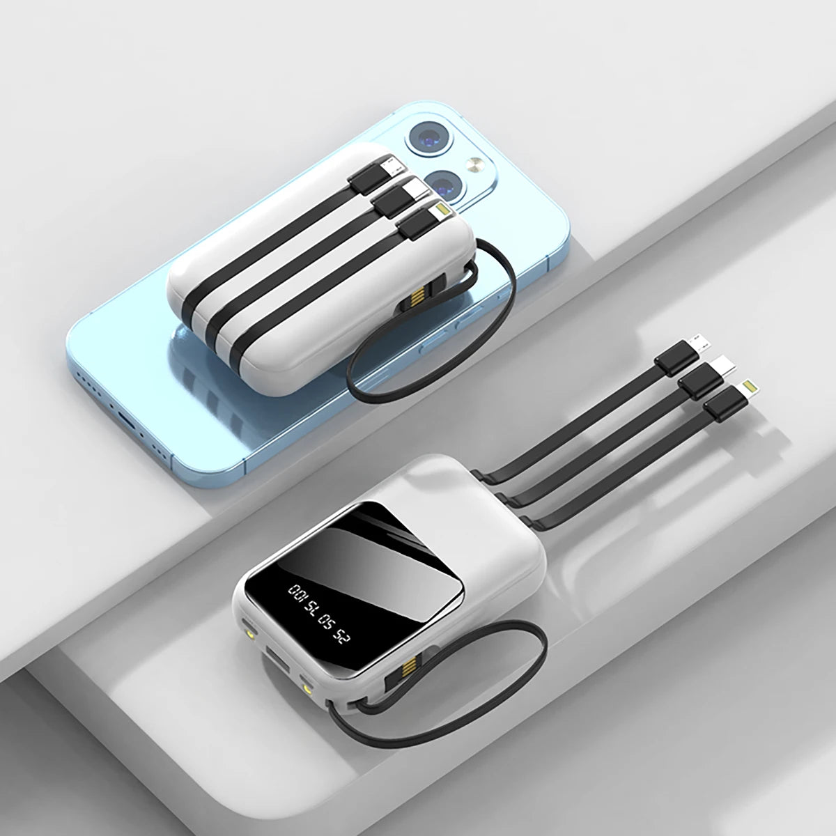 Power Bank 20000mAh — Display Digital, 4 Cabluri Incluse, Lanternă LED