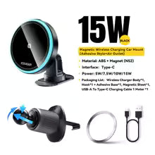 Suport Auto Magnetic Essager 15W — Încărcător Wireless MagSafe iPhone 14 15 16 17 Pro Max cu LED