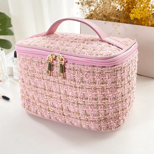 Geantă Cosmetice Korean Plaid — Capacitate Mare, Portabilă, Travel Makeup Bag