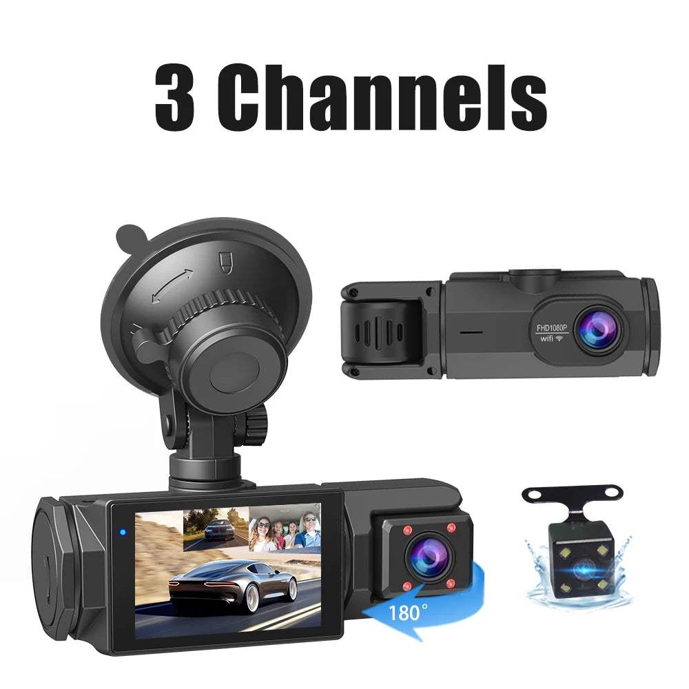 Dash Cam 3 Canale FHD 1080P — 32G, Night Vision, G-Sensor, Fată & Spate