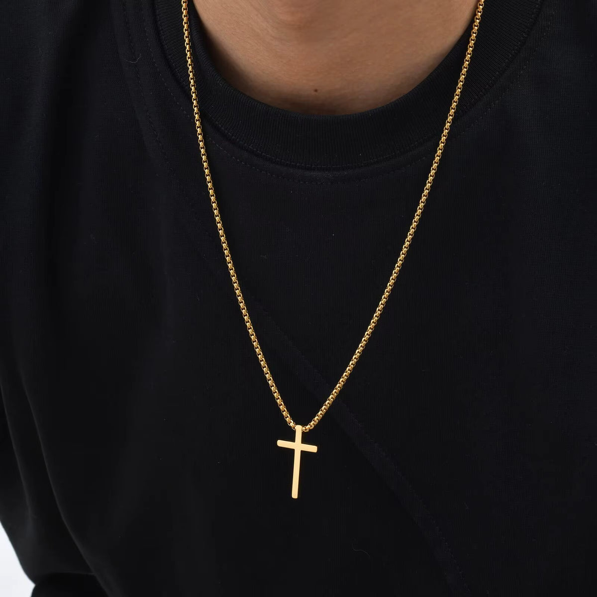 Colier Vnox Cruce Box Chain 60cm — Oțel Inoxidabil, Negru/Argintiu/Auriu, Bărbați