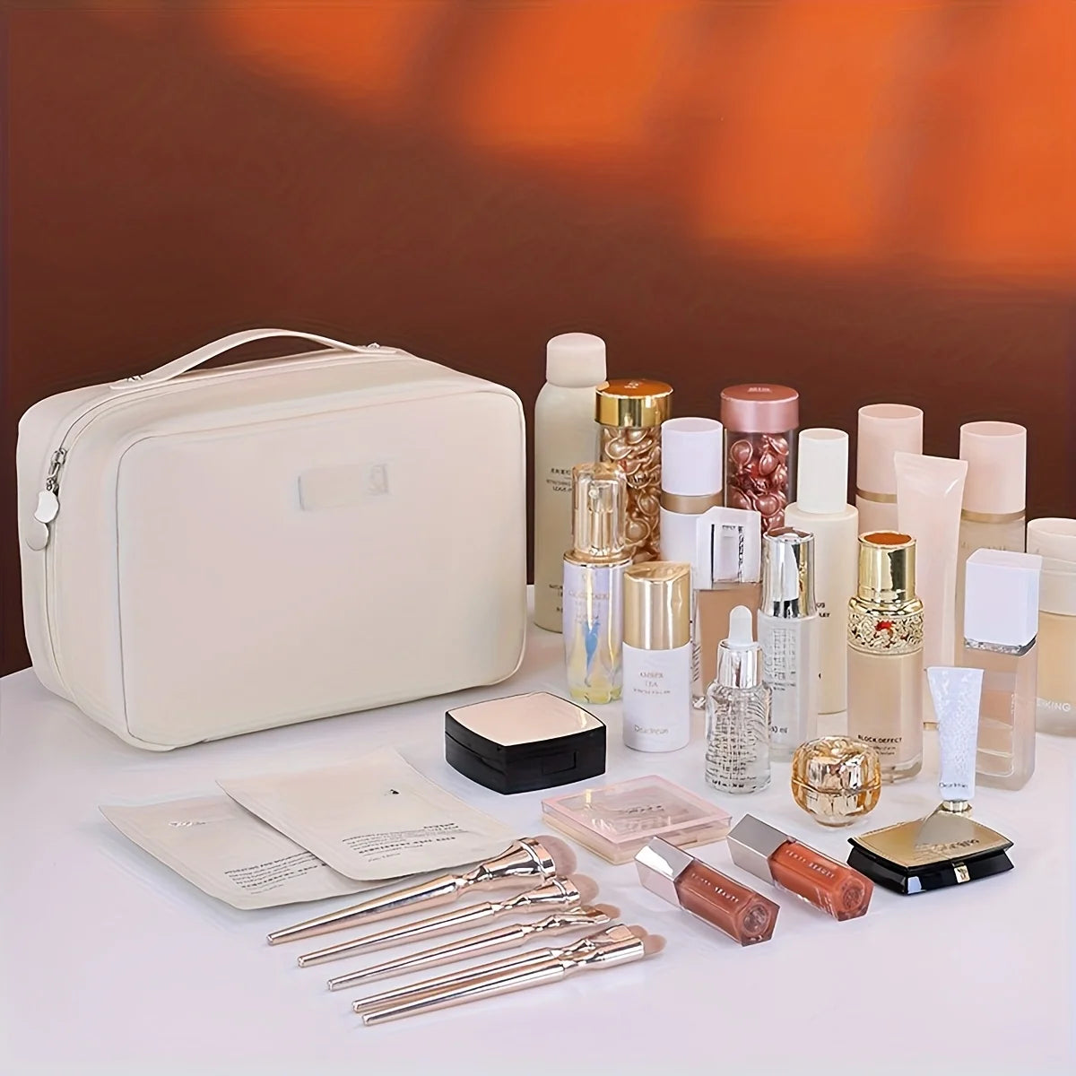 Geantă Cosmetice Dublu Fermoar PU — Organizator Pensule, Travel Beauty Bag