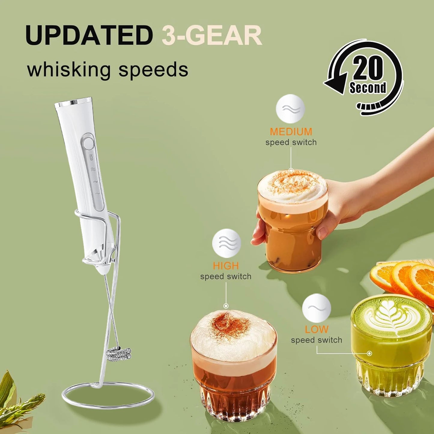 Spumant Lapte Electric Reîncărcabil — 3 Viteze, Stand Inclus, Cappuccino & Matcha