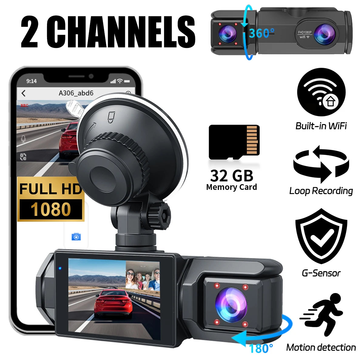 Dash Cam 3 Canale FHD 1080P — 32G, Night Vision, G-Sensor, Fată & Spate