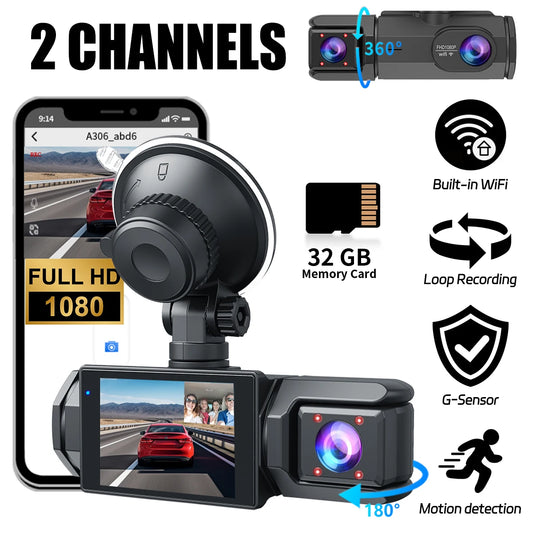 Dash Cam 3 Canale FHD 1080P — 32G, Night Vision, G-Sensor, Fată & Spate