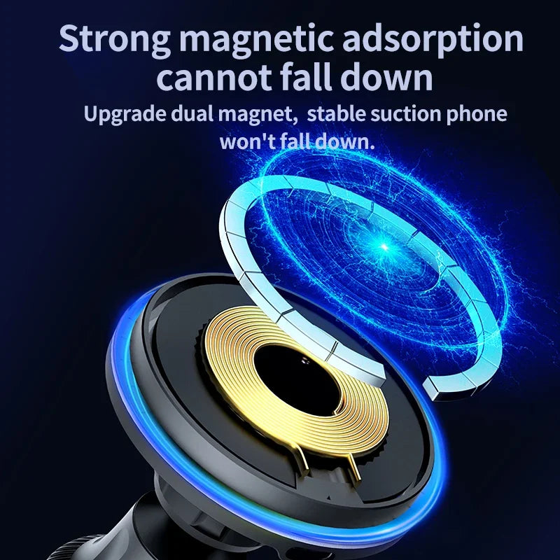 Încărcător Auto Wireless Magnetic RGB 15W — MagSafe & Suport Telefon