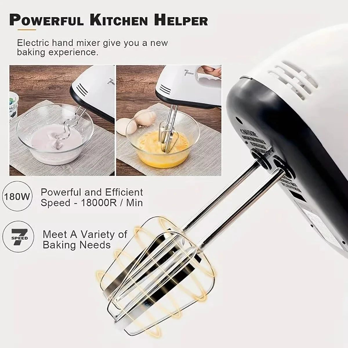 Mixer Electric de Mână Mini — 7 Viteze, Ouă & Frișcă, Plug EU/US