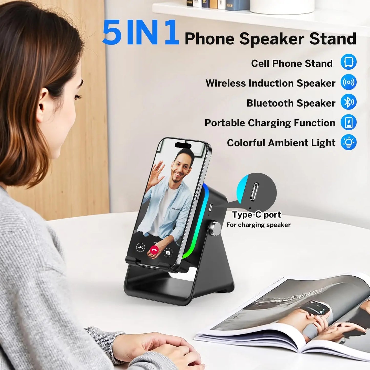Boxa Bluetooth 5-în-1 RGB — Suport Telefon, Inductive Wireless, HIFI Surround