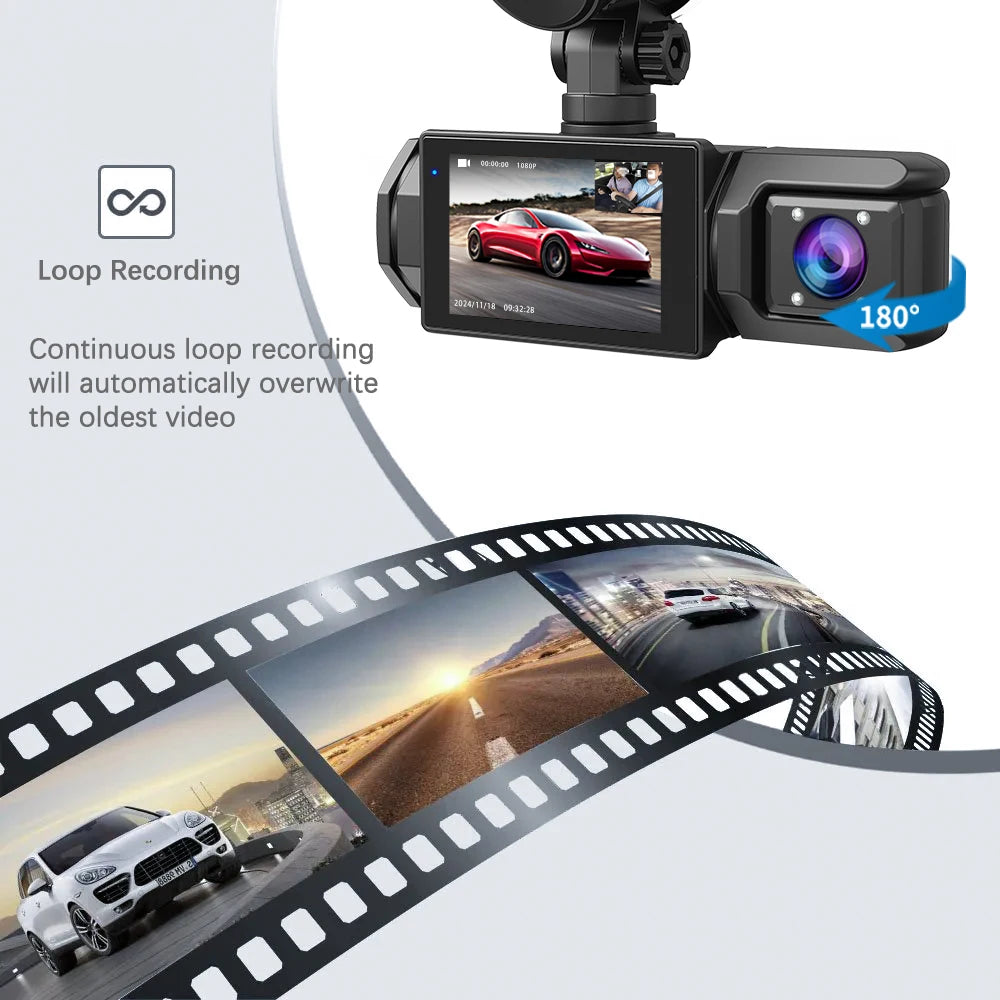 Dash Cam 3 Canale FHD 1080P — 32G, Night Vision, G-Sensor, Fată & Spate