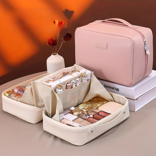 Geantă Cosmetice Dublu Fermoar PU — Organizator Pensule, Travel Beauty Bag