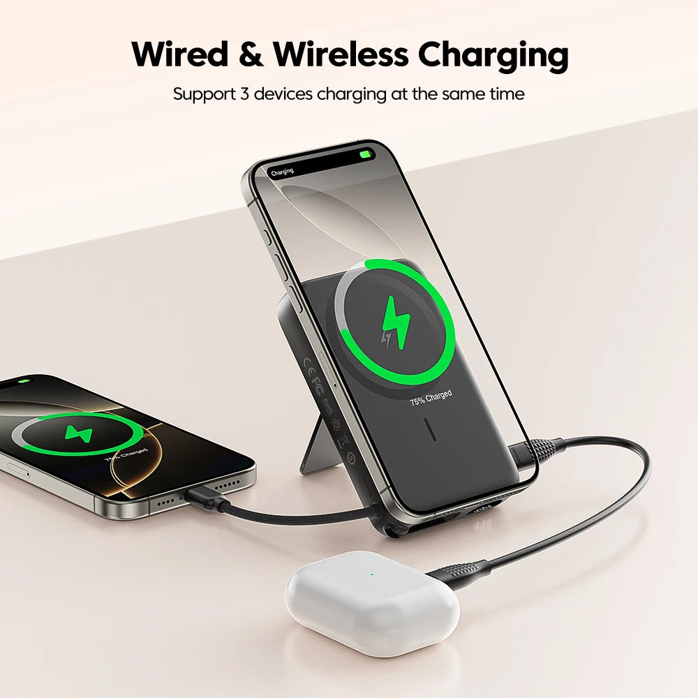 Power Bank Magnetic MagSafe 10000mAh — Wireless 15W, USB-C 22.5W, Stand Inclus