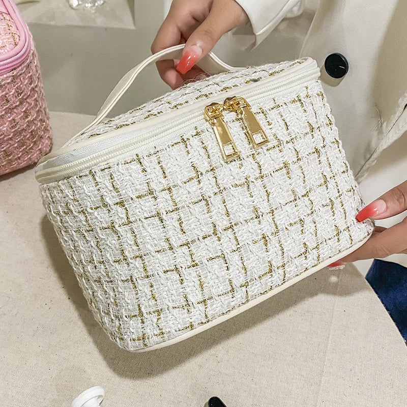 Geantă Cosmetice Korean Plaid — Capacitate Mare, Portabilă, Travel Makeup Bag