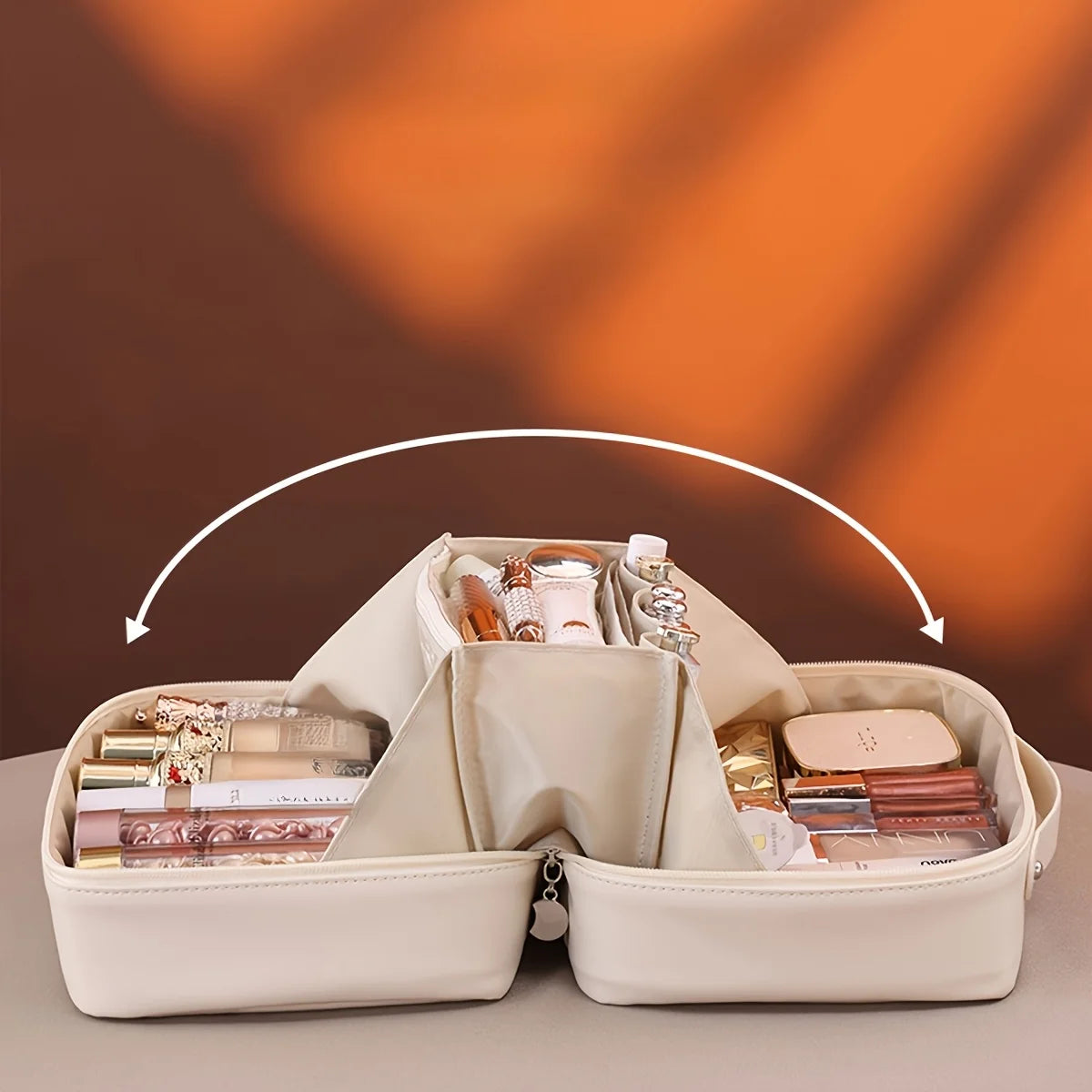 Geantă Cosmetice Dublu Fermoar PU — Organizator Pensule, Travel Beauty Bag