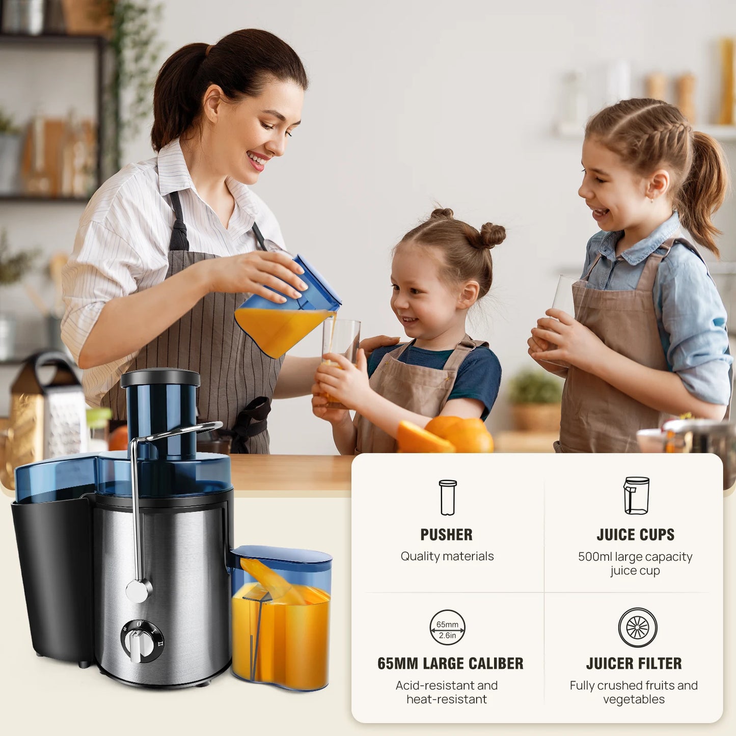 Storcator Fructe & Legume BRIEFNESS 400W — 500ml, Gură Largă 65mm, 2 Viteze
