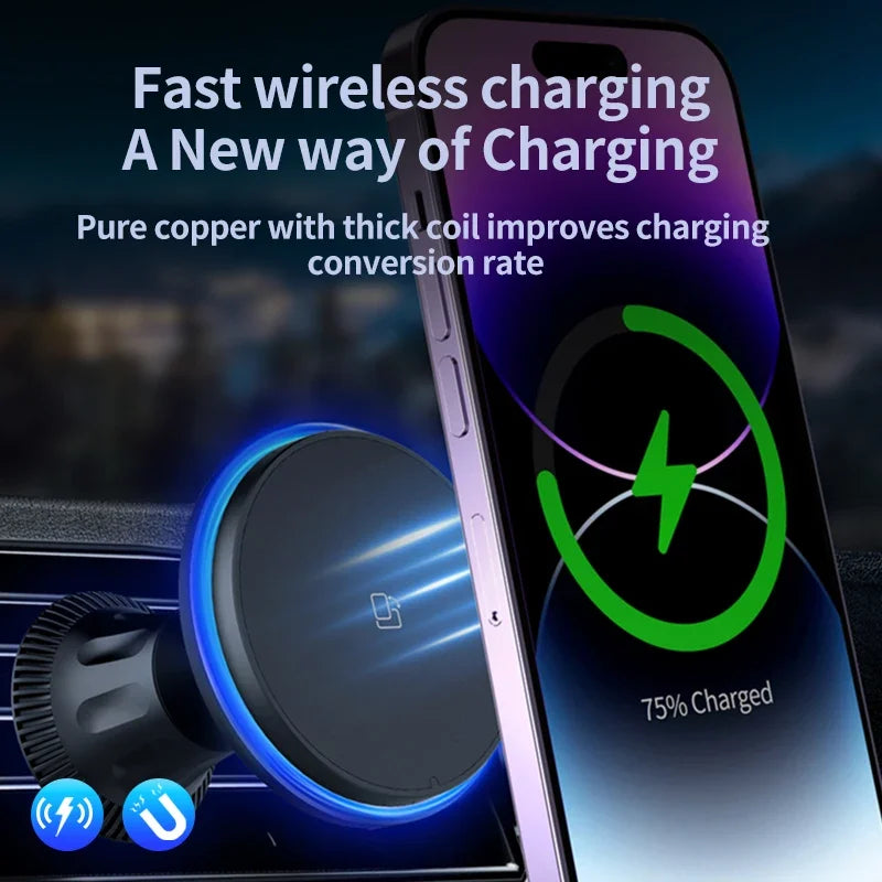 Încărcător Auto Wireless Magnetic RGB 15W — MagSafe & Suport Telefon