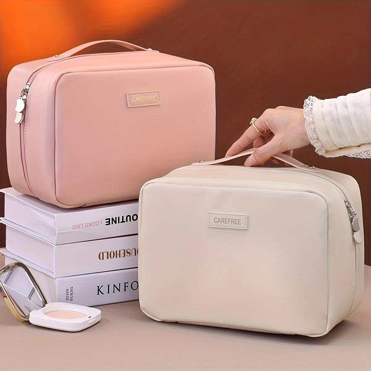 Geantă Cosmetice Dublu Fermoar PU — Organizator Pensule, Travel Beauty Bag
