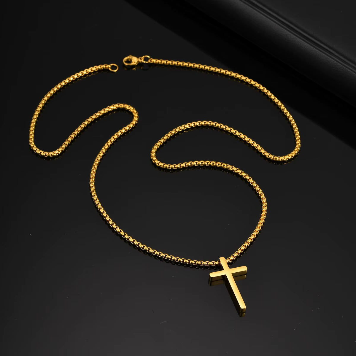 Colier Vnox Cruce Box Chain 60cm — Oțel Inoxidabil, Negru/Argintiu/Auriu, Bărbați