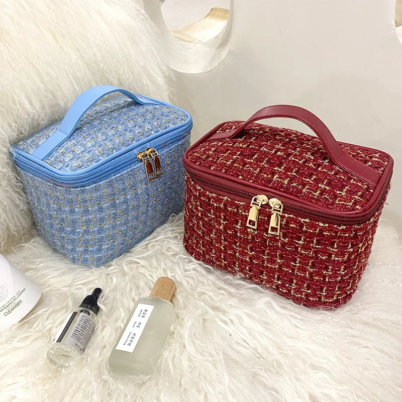 Geantă Cosmetice Korean Plaid — Capacitate Mare, Portabilă, Travel Makeup Bag