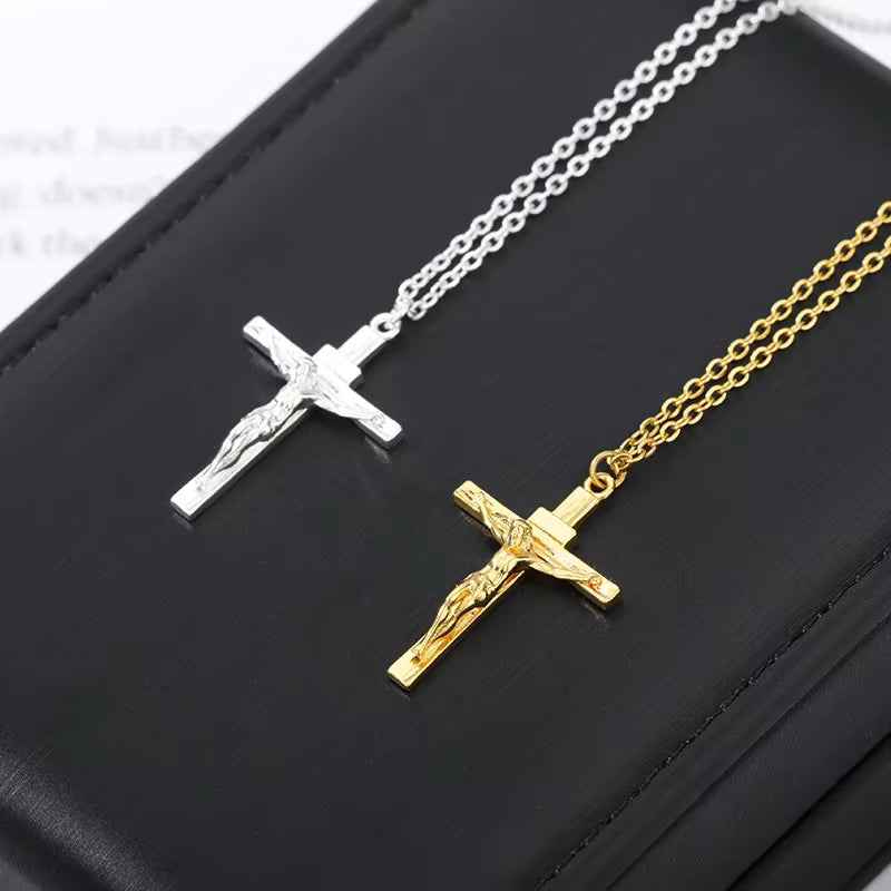 Colier Cruce Isus Creștin — Oțel Inoxidabil, Choker, Cadou Botez & Rugăciune, Unisex