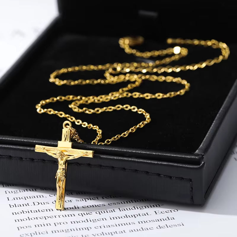 Colier Cruce Isus Creștin — Oțel Inoxidabil, Choker, Cadou Botez & Rugăciune, Unisex