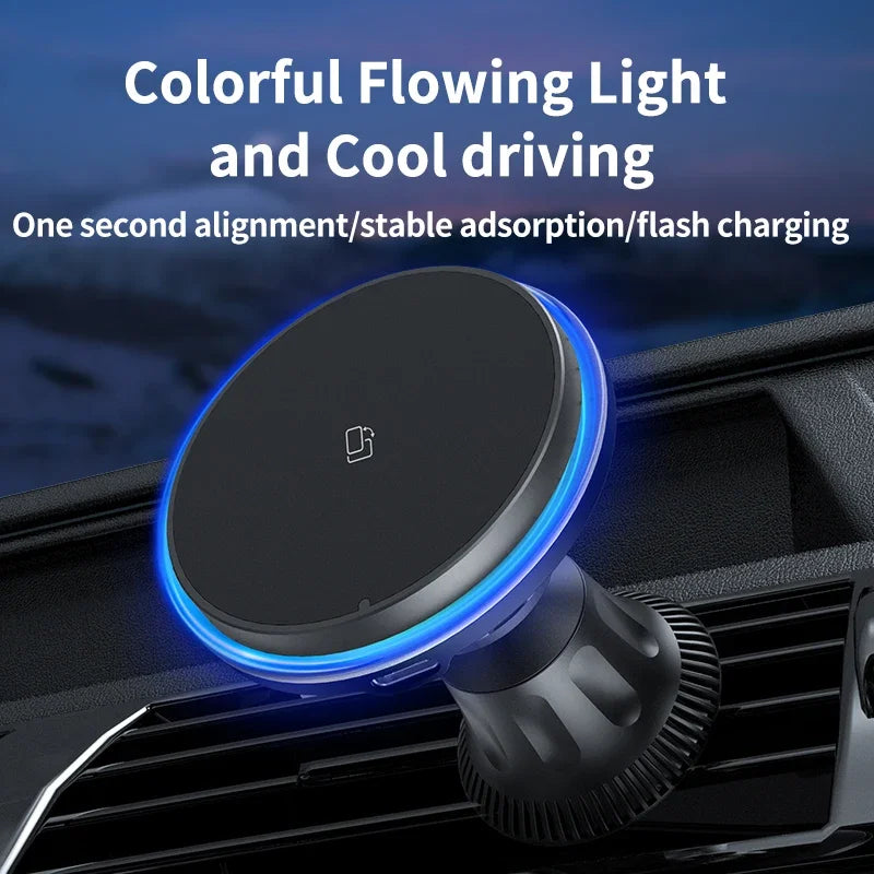 Încărcător Auto Wireless Magnetic RGB 15W — MagSafe & Suport Telefon