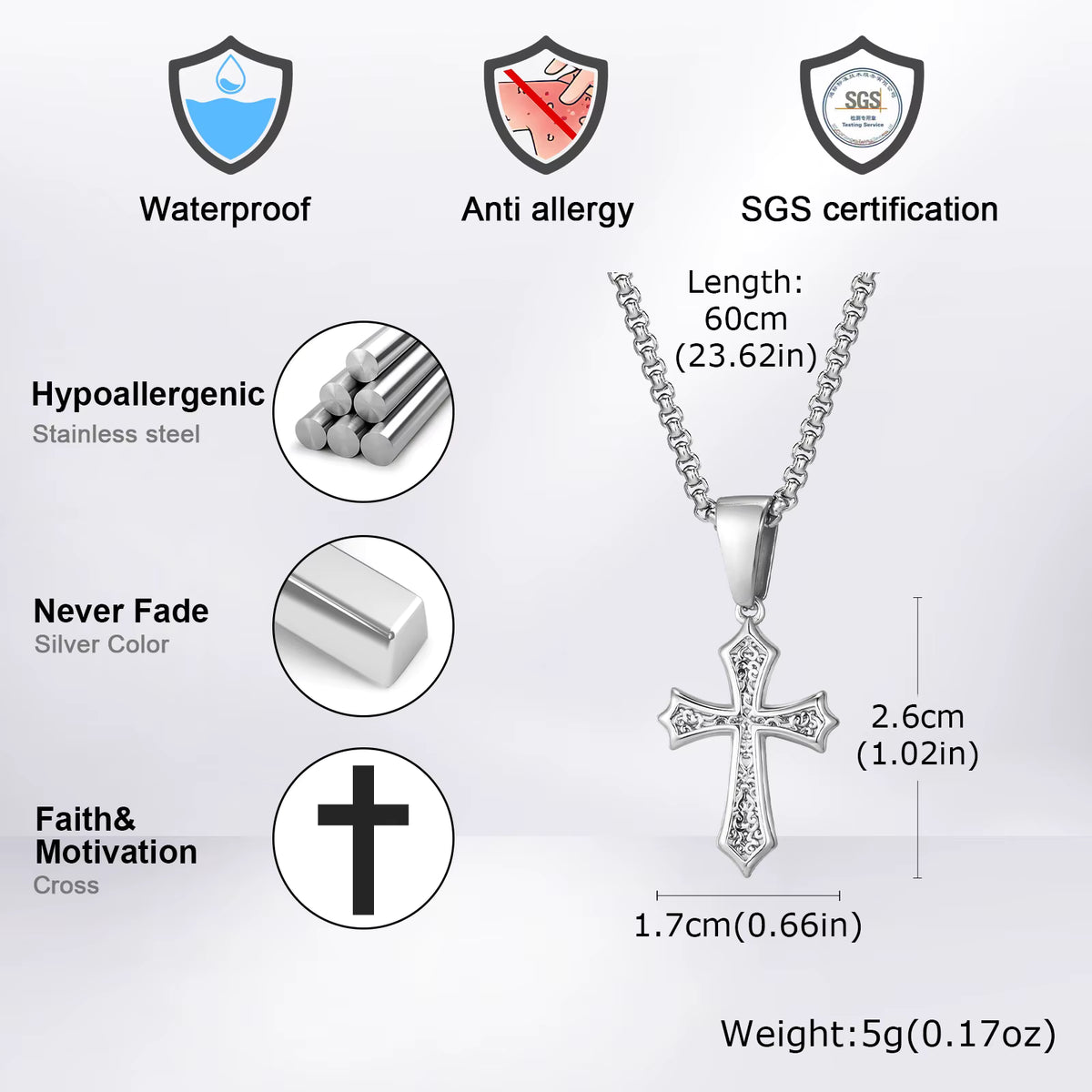 Colier Cruce Hip Hop — Oțel Inoxidabil, 50/55/60cm, Unisex, Cadou Creștin