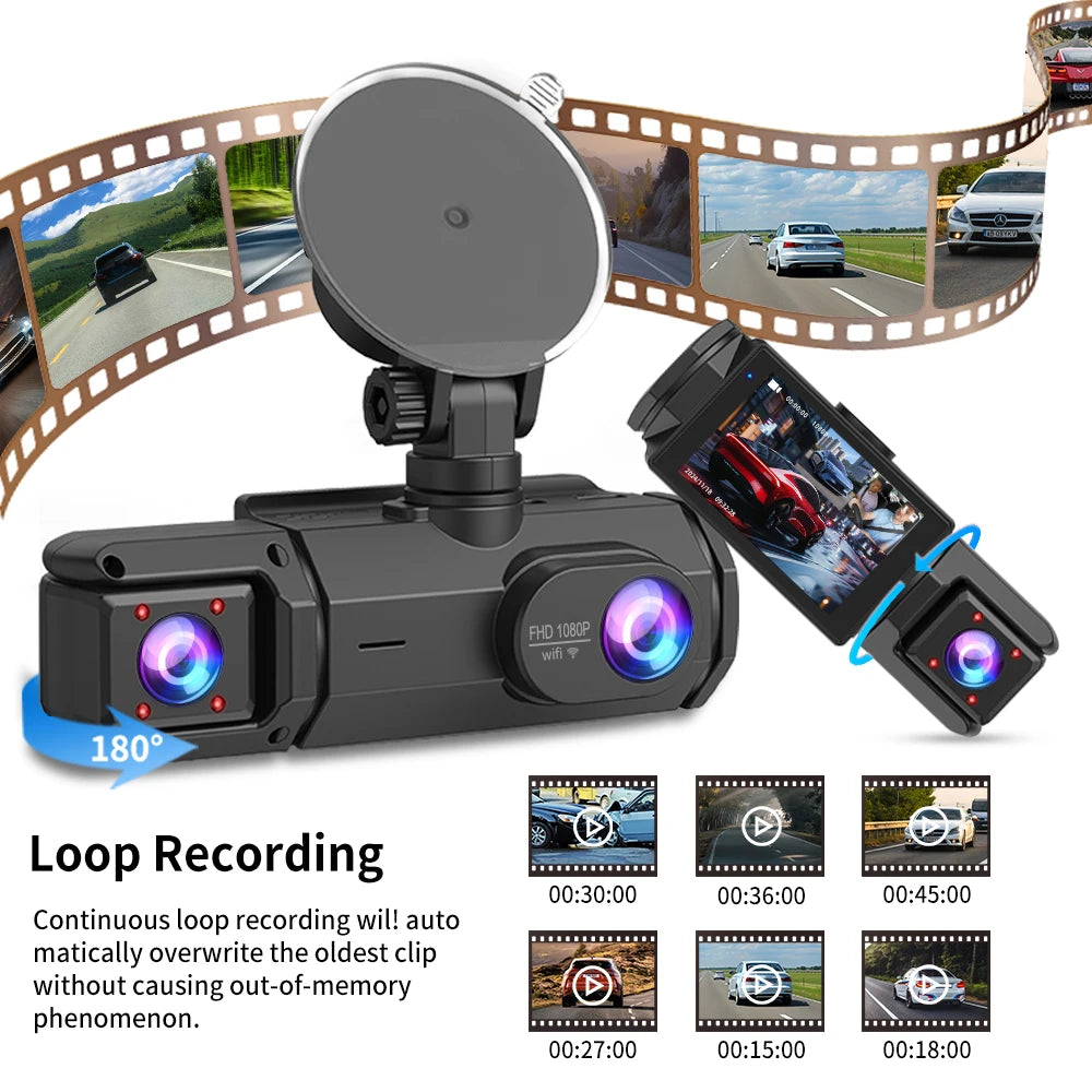 Dash Cam 3 Canale FHD 1080P — 32G, Night Vision, G-Sensor, Fată & Spate