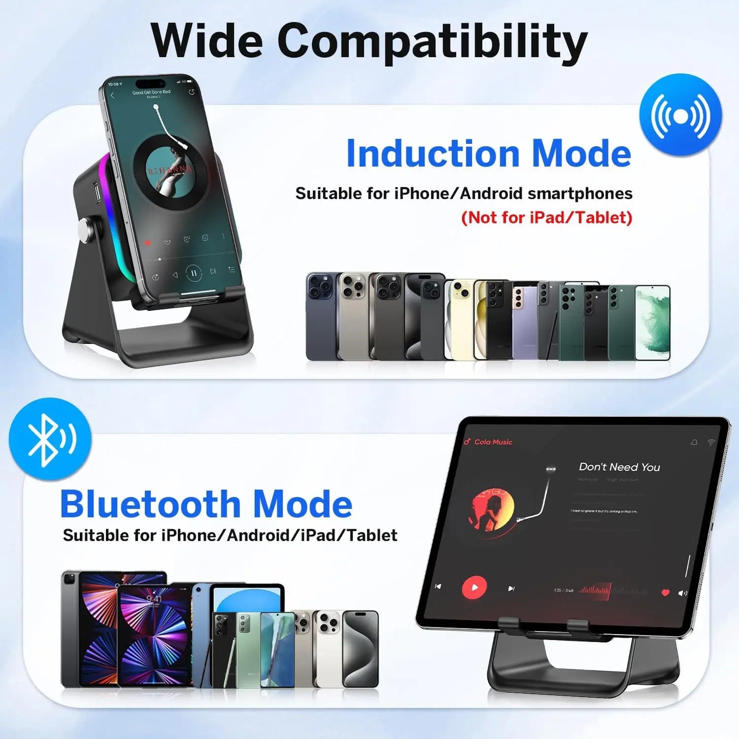 Boxa Bluetooth 5-în-1 RGB — Suport Telefon, Inductive Wireless, HIFI Surround