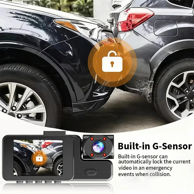 Dash Cam 3 Lentile 5MP — Fată, Spate & Interior, Night Vision, Loop Recording