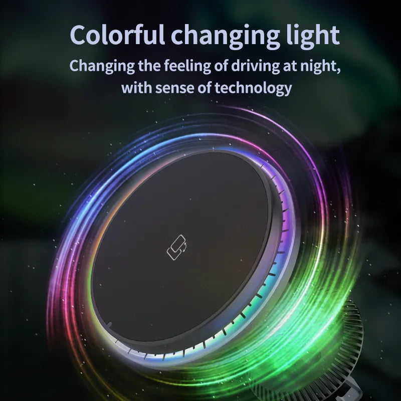 Încărcător Auto Wireless Magnetic RGB 15W — MagSafe & Suport Telefon