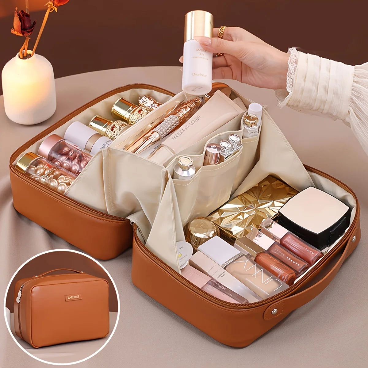 Geantă Cosmetice Dublu Fermoar PU — Organizator Pensule, Travel Beauty Bag