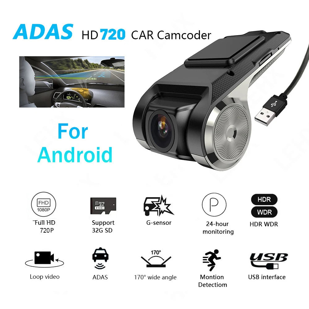 Dash Cam ADAS HD 720P — USB, Card TF 32G, Compatibil Player Android Auto