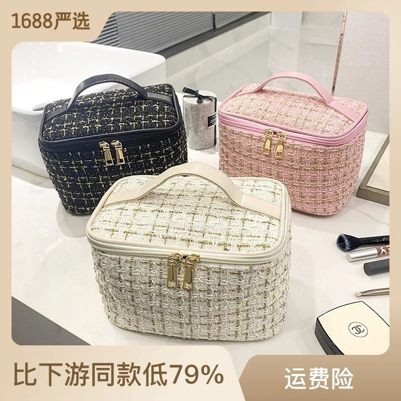 Geantă Cosmetice Korean Plaid — Capacitate Mare, Portabilă, Travel Makeup Bag