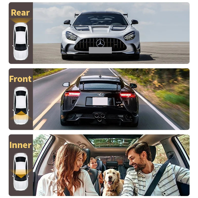 Dash Cam 3 Lentile 5MP — Fată, Spate & Interior, Night Vision, Loop Recording