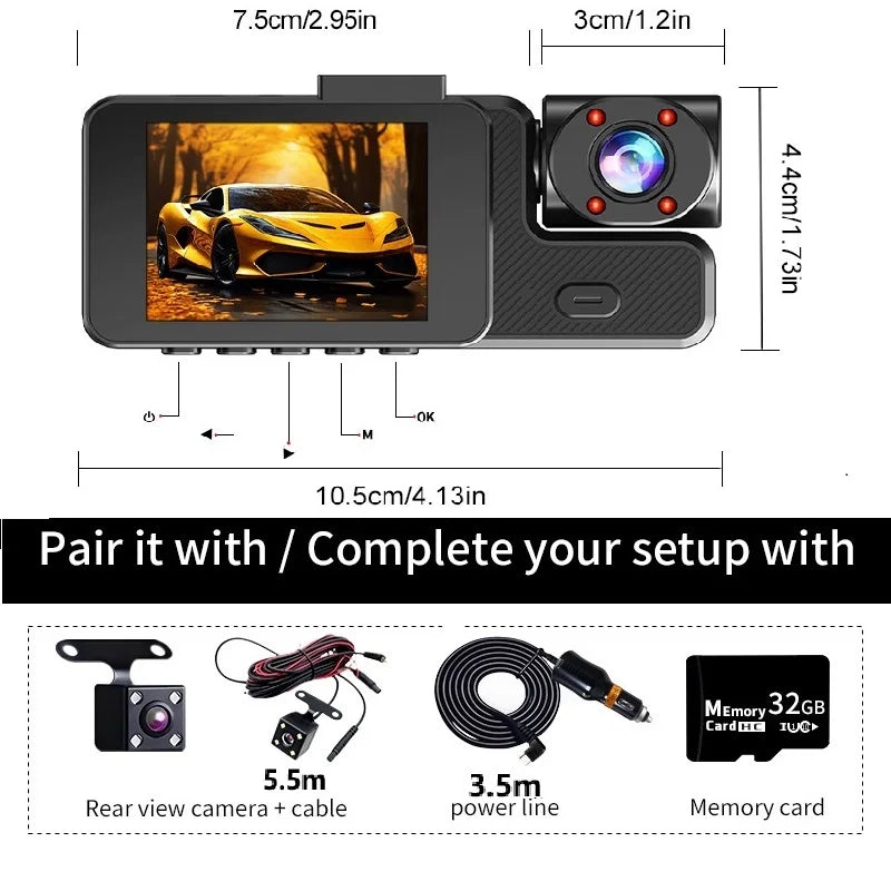 Dash Cam 3 Lentile 5MP — Fată, Spate & Interior, Night Vision, Loop Recording