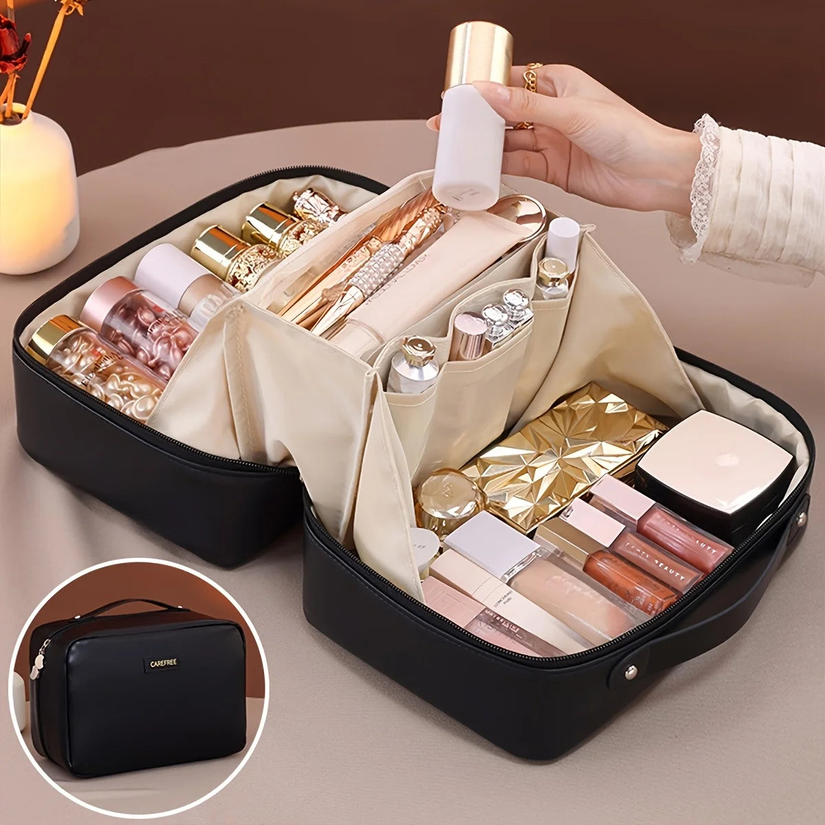 Geantă Cosmetice Dublu Fermoar PU — Organizator Pensule, Travel Beauty Bag