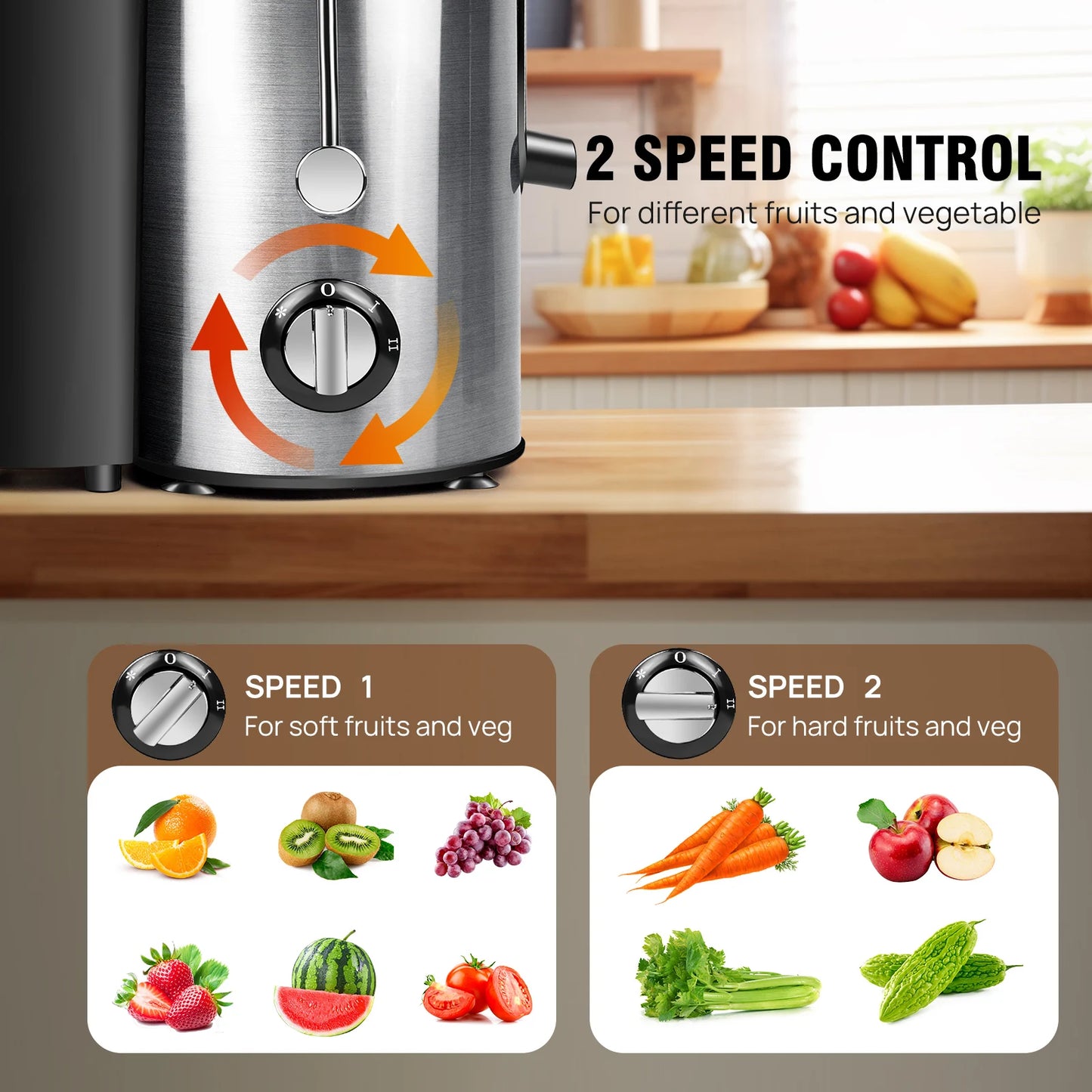 Storcator Fructe & Legume BRIEFNESS 400W — 500ml, Gură Largă 65mm, 2 Viteze