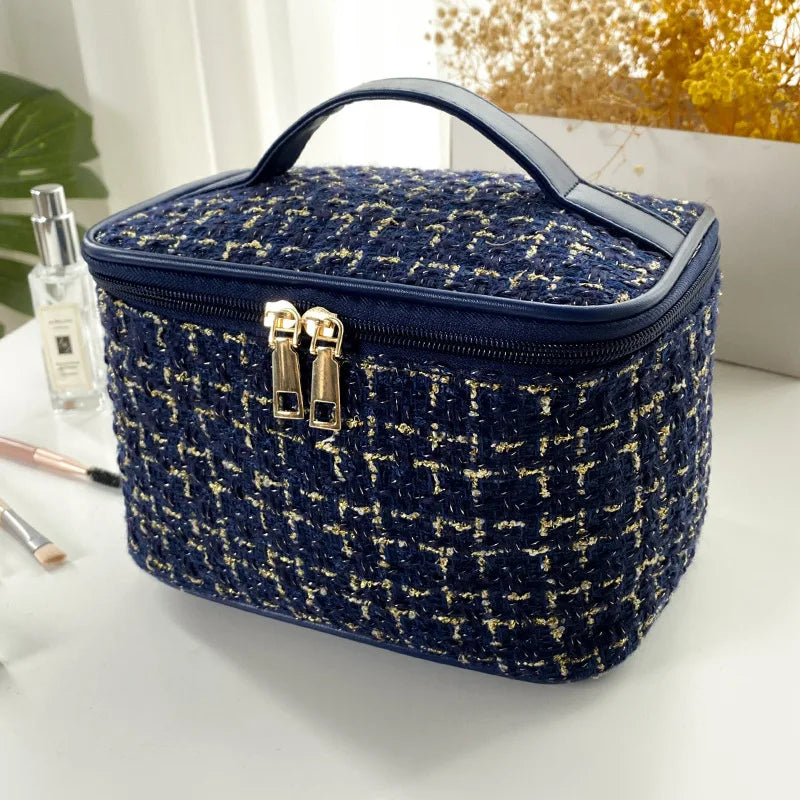 Geantă Cosmetice Korean Plaid — Capacitate Mare, Portabilă, Travel Makeup Bag