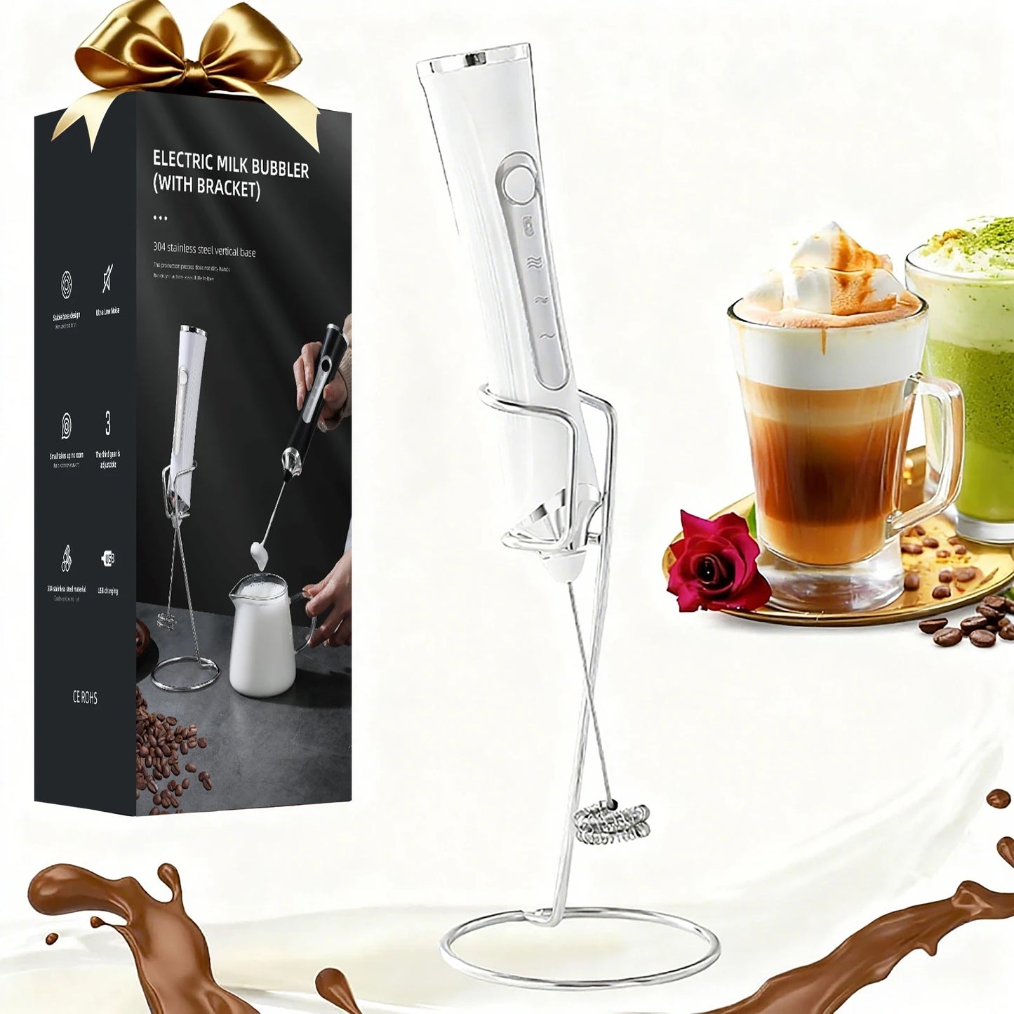 Spumant Lapte Electric Reîncărcabil — 3 Viteze, Stand Inclus, Cappuccino & Matcha