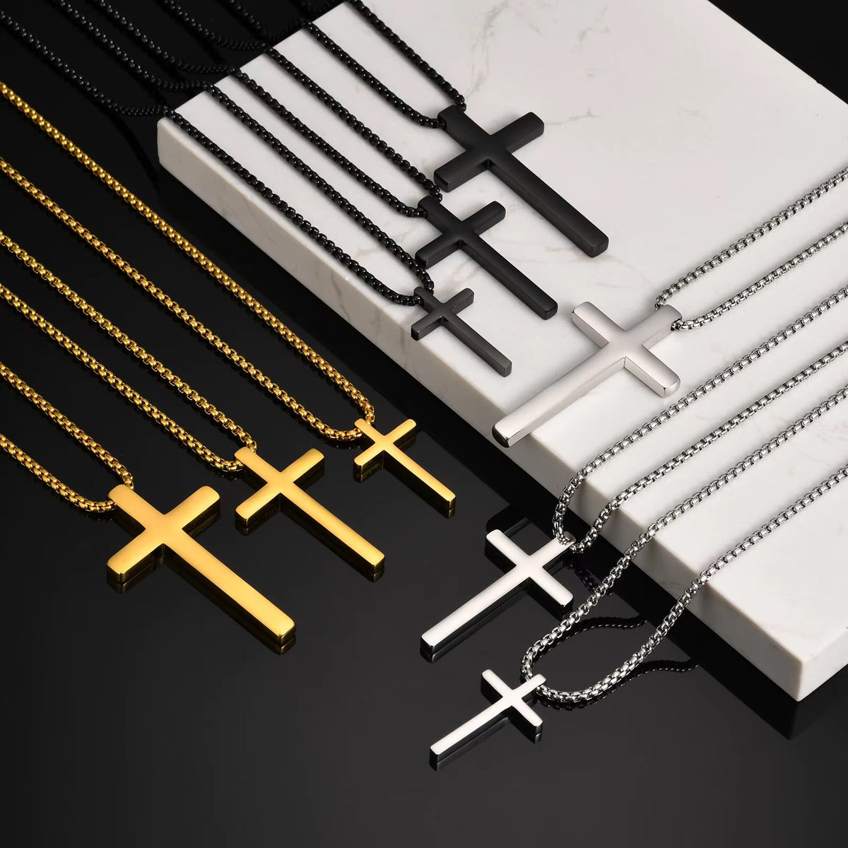 Colier Vnox Cruce Box Chain 60cm — Oțel Inoxidabil, Negru/Argintiu/Auriu, Bărbați